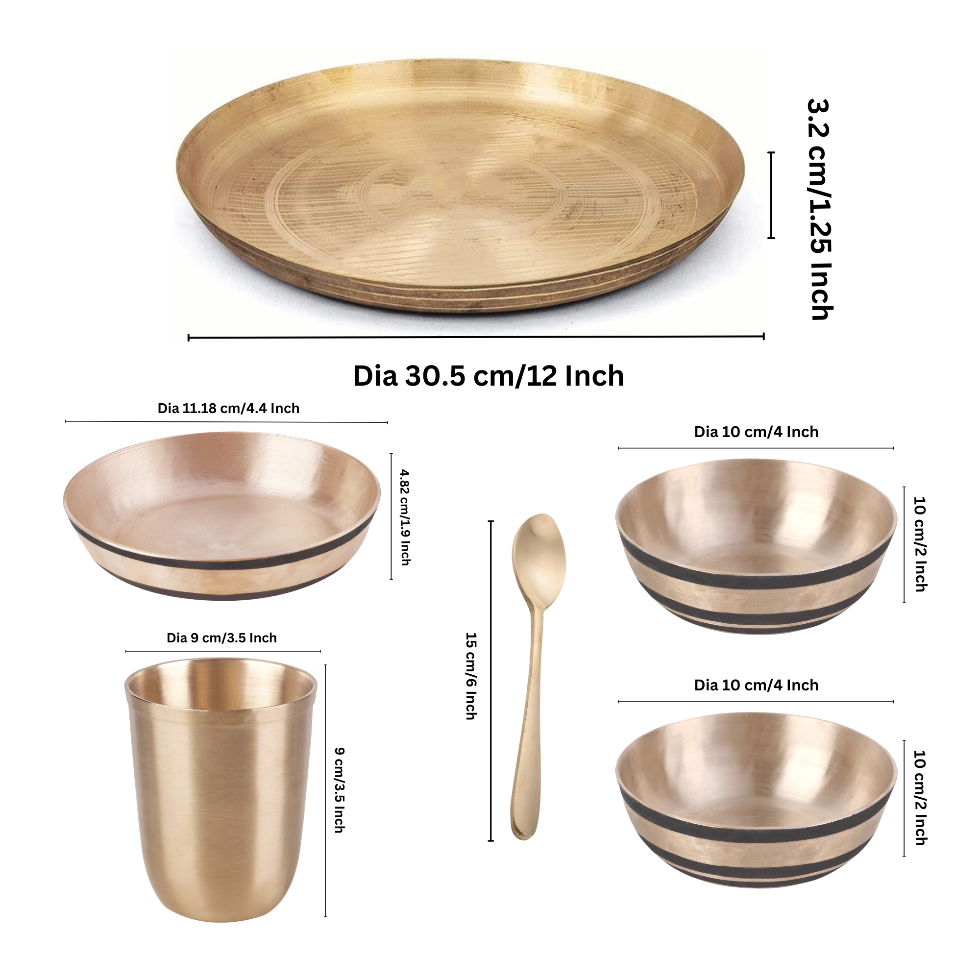Kansa Dish Dinner Set | 6 Pcs - 1 Platter 2 Bowl 1 Sweet Dish 1 Tumbler 1 Spoon